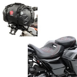 Sett: sete egnet for Harley Davidson Touring 09-24 komfortsete Craftride RH3 svart-rød + motorsykkel hale bag Drybag Bagtecs XF60 vanntett volum 60l