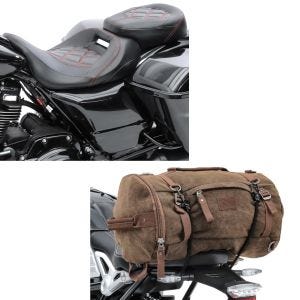 Set: Komfort Sitzbank für Harley Touring 09-20 RH3 sr + Hecktasche Vintage 35L Canvas Rucksack Gepäckrolle braun_1