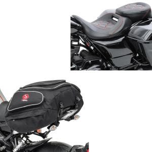 Sett: sete egnet for Harley Davidson Touring 09-23 komfortsete Craftride RH3 svart-rød + motorsykkel hale bag Bagtecs X50 bagasje bagasje bag 50 liter i svart