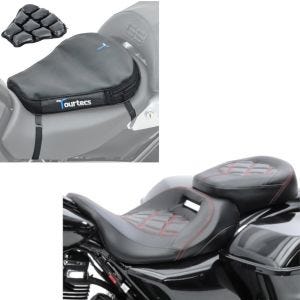 Sett: Sete egnet for Harley Davidson Touring 09-24 komfortsete Craftride RH3 svart-rød + motorsykkel luftpute Tourtecs Air Deluxe M komfortsetepute i svart