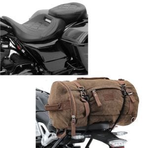 Set: Sitzbank RH3 für Harley Touring 09-20 Komfortsitzbank in schwarz + Hecktasche Vintage 35L Canvas Rucksack Gepäckrolle braun_1