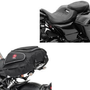 Sett: motorsykkelsete Craftride RH3 egnet for Harley Davidson Touring 09-23 komfortsete i sort + motorsykkelbag bag Bagtecs X50 bagasjebag bag 50 liter i svart