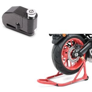 Sett: Reparasjonsstativ base bakhjul rød + bremseskivelås alarm 110dB BS-Motoparts tyverisikring svart