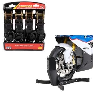 Sett: Motorsykkel rocker Easy Plus fronthjul rocker motorsykkel stativ opp til 21" svart + strammesett med skralle og krok inkludert 4x surringsløkker i svart