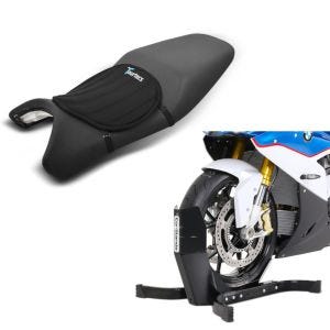 Sett: Motorsykkel rocker Easy Plus fronthjul rocker motorsykkel stativ opp til 21" svart + gel setepute neopren M gel pute setetrekk i svart