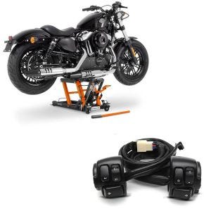 Sett: Motorsykkelløft ConStands Midlift L motorsykkelløfter for choppere opp til 680 kg i oransje + styrebryter egnet for Harley Davidson Dyna Sportster Softail V-Rod 96-13 styrebeslag svart