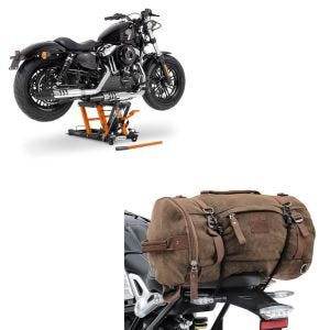 Sett: Midlift L motorsykkelheis egnet for chopper / tilpasset sykkel opp til 680 kg + halebag vintage 25L canvas ryggsekk bagasjerull brun CB38828