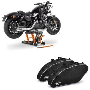 Sett: Motorsykkelløfter ConStands Midlift L motorsykkelløfter for choppere opp til 680 kg i oransje + innervesker som passer til Harley Davidson Sport Glide 18-24 Crafride-vesker