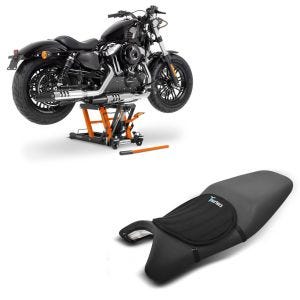 Sett: Midlift L motorsykkelløfter egnet for chopper / tilpasset sykkel opp til 680 kg + gel setepute neopren M gel pute setetrekk i svart CB38819
