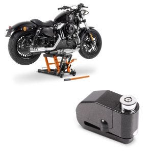 Sett: Midlift L motorsykkelheis egnet for chopper / tilpasset sykkel opp til 680 kg + bremseskivelås alarm 110dB BS-Motoparts tyverisikring svart CB38815
