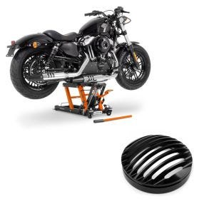 Sett: Motorsykkellift ConStands Midlift L motorsykkelløfter for choppere opp til 680 kg i oransje + motorsykkellyktgrill Craftride egnet for Harley Davidson Sportster 04-20 i svart