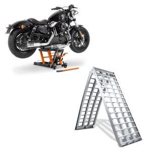 Sett: Aluminium adkomstrampe V opp til 680 kg sammenleggbar for motorsykkel scooter quad + midlift L motorsykkelheis egnet for chopper / tilpasset sykkel opp til 680 kg CB38532