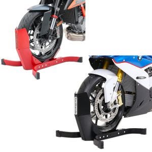 Sett: Motorsykkelvippe Easy-Plus motorsykkelstativ opp til 21 tommer rød + Motorsykkelvippe Easy-Plus motorsykkelstativ opp til 21 tommer matt svart