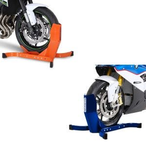 Sett: Motorsykkelvippe Easy-Plus motorsykkelstativ opp til 21 tommer oransje + Motorsykkelvippe Easy-Plus motorsykkelstativ opp til 21 tommer blå