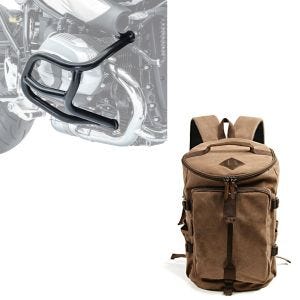 Sett: crashbar egnet for BMW R NineT 14-23 crashbar + bagasjerull VG5 halebag Vintage 30Ltr i brun