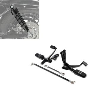 Set: Vorverlegte Fußrastenanlage für Harley Sportster 04-13 + Stoßdämpfer 11,9 Zoll 302mm Federbeine in schwarz_1