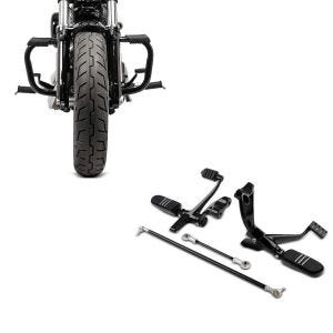 Sett: Motorsykkel fremre fotstøttesystem egnet for Harley Davidson Sportster 04-13 Craftride i svart + crashbar egnet for Harley Davidson Sportster 04-20 Craftride Moustache i svart