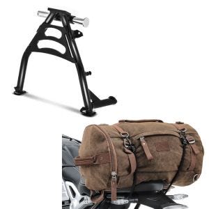 Set: Hauptständer Honda Transalp XL 650 V 00-06 Mittelständer + Hecktasche Vintage 35L Canvas Rucksack Gepäckrolle braun_1