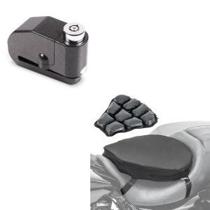 Sett: luftpute Air ML komfortsetepute i sort + bremseskivelås alarm 110dB BS-Motoparts tyverisikring svart