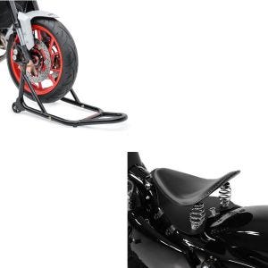 Set: Bobber Solositz mit Grundplatte in schwarz + Montageständer Vorderrad Motorradständer vorne_1