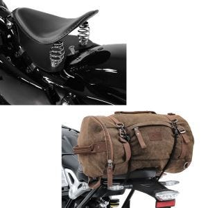 Sett: Bobber solo sete med bunnplate i svart + halebag vintage 25L canvas ryggsekk bagasje rulle brun