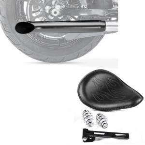 Set: Bobber Schwingsattel Flame mit Federn für Custombikes in schwarz + Endschalldämpfer Universal Caferacer Turn Out schwarz_1