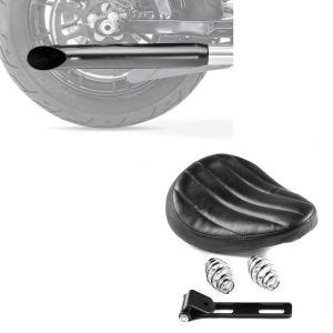 Sett: Bobber swing salfjærsete med fjærer egnet for tilpassede sykler i svart + bakre lyddemper Universal Caferacer Turn Out svart