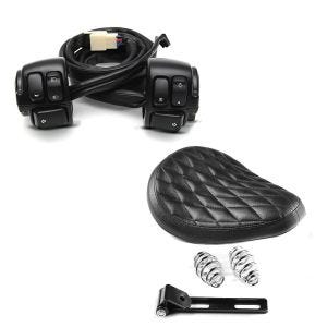 Sett: Motorsykkel Bobber swing sal Craftride Diamond Konturert med fjærer for tilpassede sykler i svart + styrebryter egnet for Harley Davidson Dyna Sportster Softail V-Rod 96-13 styretilpasning svart