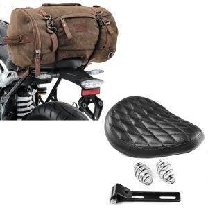 Sett: Bobber swing sal Diamond Contoured med fjærer egnet for tilpassede sykler i + hale bag vintage 25L canvas ryggsekk bagasje rulle brun
