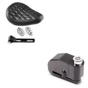 Sett: Bobber swing sal Diamond Contoured med fjærer egnet for tilpassede sykler i + bremseskive lås alarm 110dB BS-Motoparts tyveribeskyttelse svart