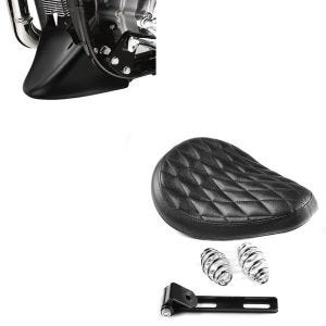 Sett: Motorsykkel Bobber swing sal Craftride Diamond konturert med fjærer for tilpassede sykler i svart + frontspoiler Craftride motorsykkel egnet for Harley Davidson Sportster 04-20 i svart