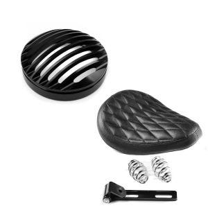 Set: Bobber Schwingsattel DC mit Federn für Chopper + Scheinwerfer Grill Harley Davidson Sportster 04-20 in schwarz_1