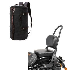 Sett: Sissy bar egnet for Harley Davidson Sportster 04-20 Craftride Fast Rider-M svart + motorsykkel ryggsekk canvas Craftride VG8 halebag Vintage 35Ltr svart