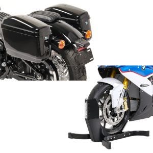 Set: Chopper Seitenkoffer (Paar) Nevada je 20 Liter schwarz + Wippe Easy Plus Vorderradwippe ständer bis 21" schwarz_1