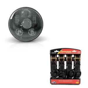 Sett: LED hovedlykt 5,75 tommer egnet for Harley Davidson hovedlykt svart Craftride + motorsykkel strammesett ConStands med skralle og krok inkludert 4x surringsløkker i svart