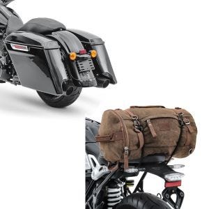 Set: Seitenkoffer Stretched für Harley Touring 2014-2021 + Hecktasche Vintage 35L Canvas Rucksack Gepäckrolle braun_1