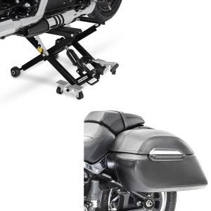 Sett: Sidekasse sett K3 33Ltr inkludert holdesett hardveske i svart + Midlift XL motorsykkelløft opp til 500kg i sort