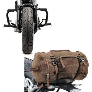 Set: Sturzbügel Harley Davidson Sportster 04-20 Mustache in schwarz + Hecktasche Vintage 35L Canvas Rucksack Gepäckrolle braun_1