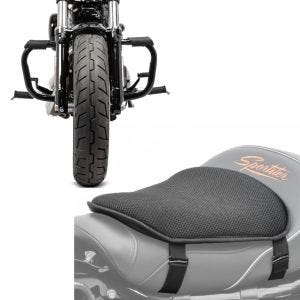 Sett: crashbar egnet for Harley Davidson Sportster 04-20 Craftride Mustache i svart + gel setepute M Tourtecs universell komfortpute svart