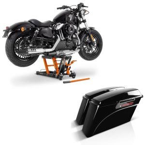 Sett: Sidekoffertsett som passer til Harley Davidson Touring 94-13 hard case Craftride 30Ltr Black Latch + motorsykkelløft ConStands Midlift L motorsykkeljekk for choppere opp til 680kg i oransje