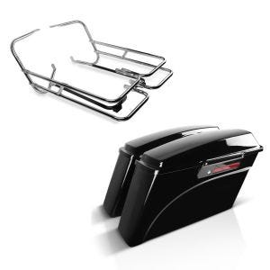 Set: Seitenkoffer Set Harley Touring 94-13 Black Latch + Kofferträger Twin Rail für Harley Touring 97-08 mit Schutzbügel_1