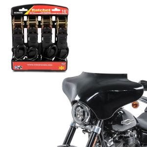 Sett: Batwing kåpe egnet for Harley Davidson Road King / Softail / Fat Boy Craftride svart + motorsykkel strammesett ConStands med skralle og krok inkludert 4x surringsløkker i svart