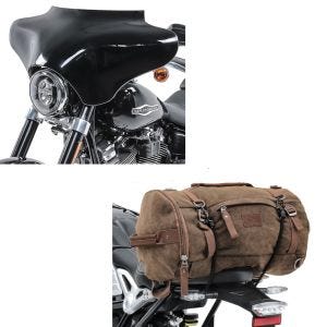 Set: Batwing Verkleidung für Harley Davidson + Hecktasche Vintage 35L Canvas Rucksack Gepäckrolle braun_1