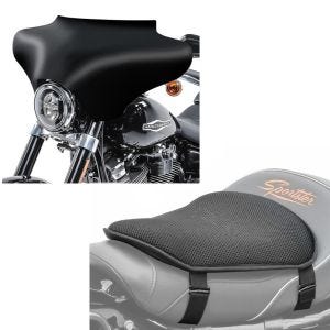 Sett: Batwing fairing egnet for Harley Davidson Road King, Softail, Fat Boy matt Craftride + gel setepute M Tourtecs universell komfortpute svart