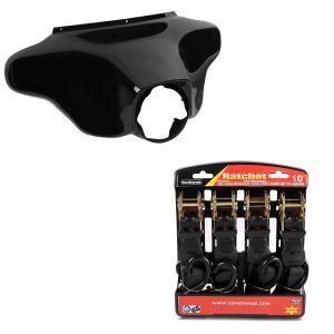 Sett: Batwing kåpe egnet for Harley Davidson Touring 96-13 Craftride i svart + motorsykkel strammesett ConStands med skralle og krok inkludert 4x surringsløkker i svart