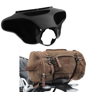 Sett: Batwing fairing egnet for Harley Davidson Touring 96-13 Craftride i svart + motorsykkel hale bag vintage 25L canvas ryggsekk bagasjerull brun Craftride