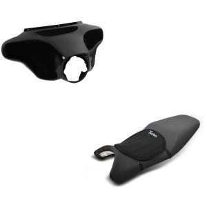 Set: Batwing Verkleidung für Harley Davidson Touring 96-13 in schwarz + Gel Sitzkissen Tourtecs Neopren M Gelkissen Sitzauflage in schwarz_1