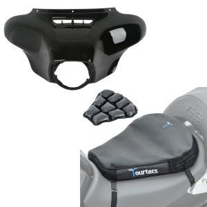 Sett: Batwing fairing egnet for Harley Davidson Touring 14-24 Craftride + motorsykkel luftpute Tourtecs Air Deluxe M komfortsetepute i svart