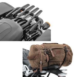 Set: Gepäckträger Harley Davidson Touring 09-20 abnehmbar in schwarz + Hecktasche Vintage 35L Canvas Rucksack Gepäckrolle braun_1
