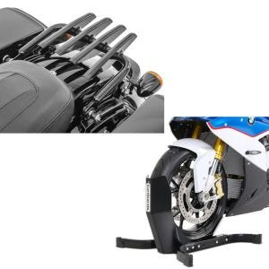 Sett: Bagasjehylle egnet for Harley Davidson Touring 09-24 Craftride avtakbar i svart + motorsykkelrocker Constands Easy-Plus motorsykkelstativ opp til 21 tommer svart